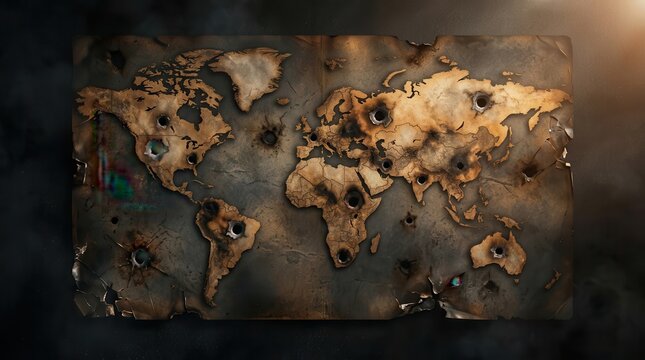 Global conflict and war concept shown through a grunge world map with multiple bullet impact points.