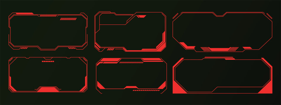 HUD futuristic cyberpunk frame and ui border set. Vector illustration of realistic neon sci-fi technology flat token, colorful digital gaming screen panel alert template on dark background.