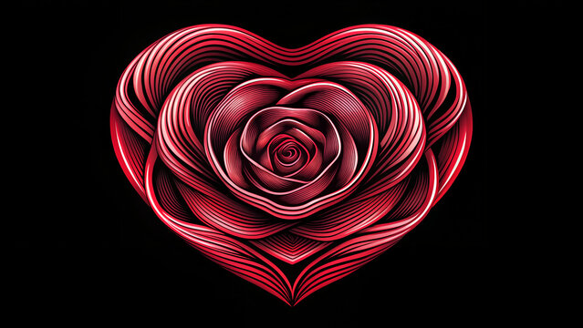Intricate red rose petals forming heart shape on black background vector art