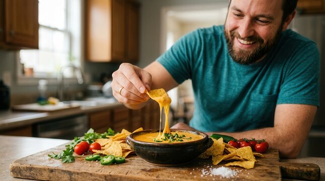 A happy person enjoying crunchy corn tortilla chips with savory cheese sauce.