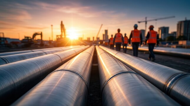 Energy industry professionals walking through an urban construction zone with metal pipelines.