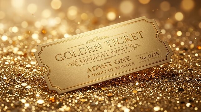 Exclusivity and success concept featuring a golden ticket and sparkling golden confetti.