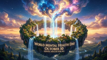 Fototapeta premium World Mental Health Day World mental health day concept with floating island and magical waterfall