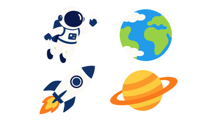 Cartoon space set with astronaut rocket Earth and ringed planet © icon_art