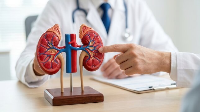 A medical professional pointing to a kidney model to explain urinary tract disorders.