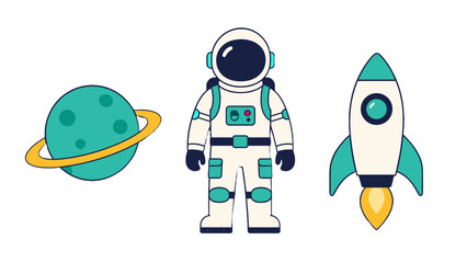 Astronaut with planet and rocket in flat space vector set © icon_art