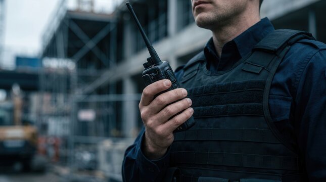 A security officer in uniform holding a handheld walkie talkie for communication.