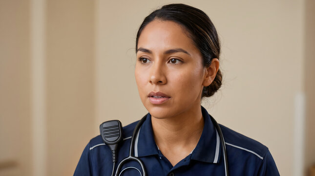 Young latina medical professional with radio and stethoscope