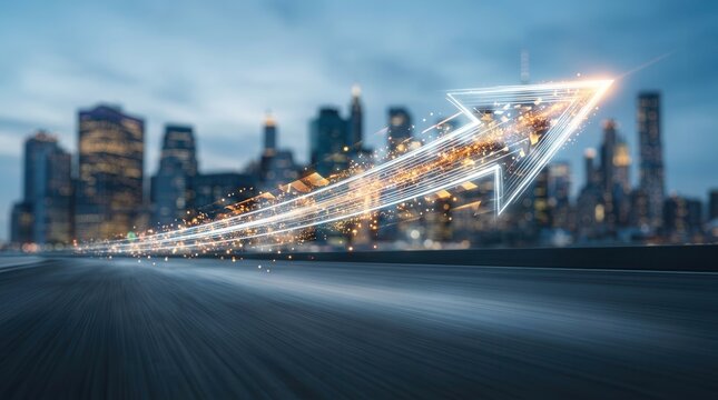 Speed and decision intelligence illustrated by an abstract light arrow over a metropolitan skyline.