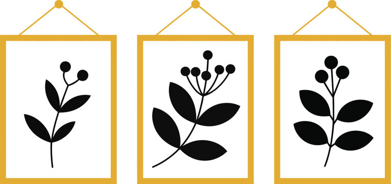 Minimalist botanical wall art triptych set vector hanging golden frames with black plant leaf berry branch silhouettes home decoration illustration.