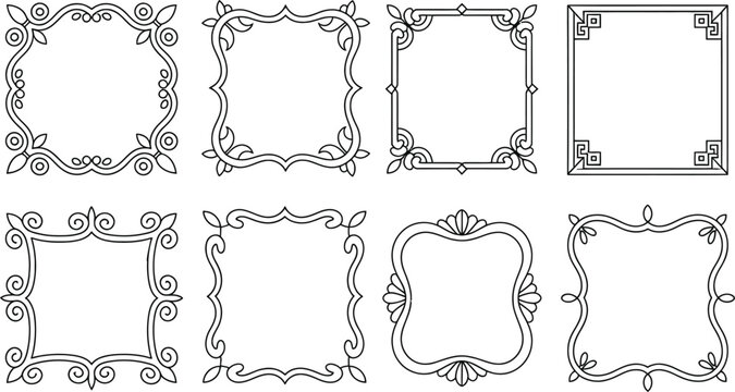 Elegant vintage decorative square frames and luxury borders collection black line art vector elements set for wedding invitation design.