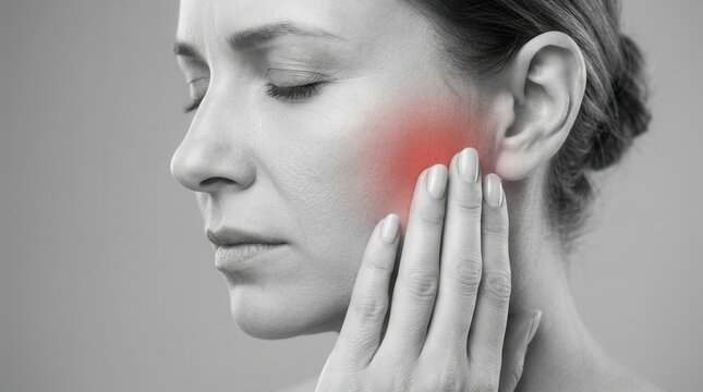 A person touching their face due to TMJ jaw discomfort and pain.