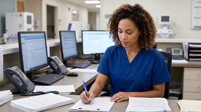 Female healthcare worker filling out medical forms at hospital desk