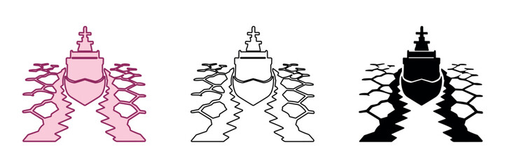 Stylized warship sailing through rough seas with jagged waves © Ophelia