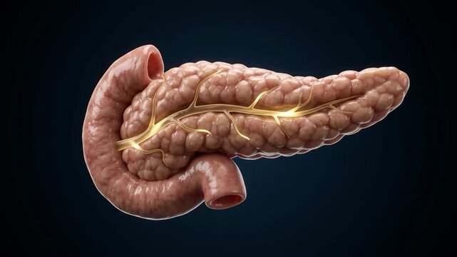 Realistic 3d medical animation of a human pancreas with glowing duct