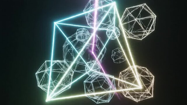 Glowing blue laser beams intersecting inside a transparent geometric pyramid wireframe on a black background, representing digital technology and futuristic scientific concepts.