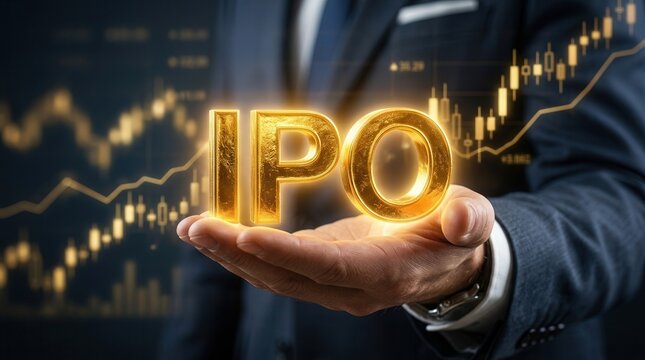 Close-up of a hand presenting a golden IPO symbol representing initial public offering and market success.
