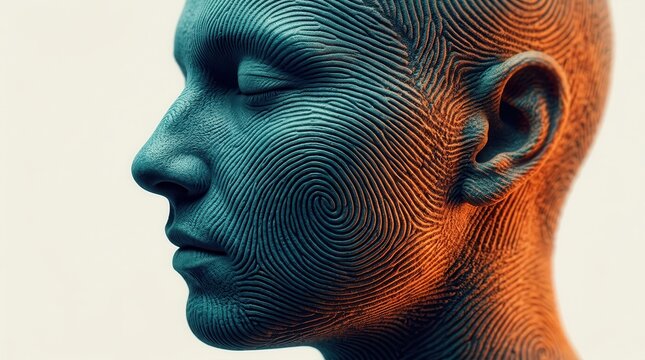 Human face profile designed with intricate fingerprint patterns symbolizing personal identity and evolution.