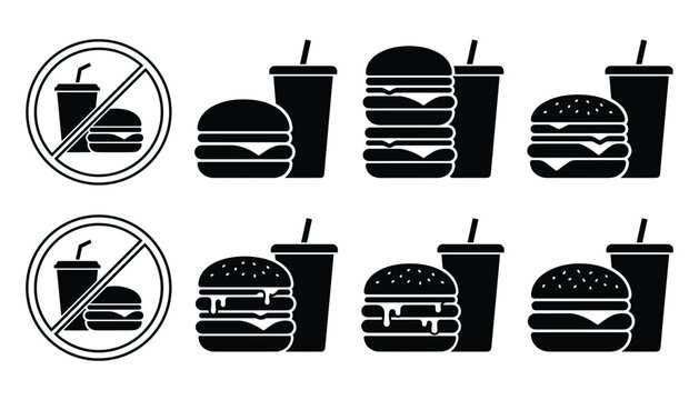 Fast Food Silhouette Icon Set with Hamburgers Cheeseburgers and Soda Drinks Alongside Prohibited No Eating Signs for Restaurant Menus and Public Restriction Signs