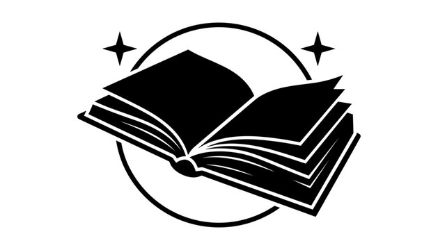 Open Book Silhouette Vector Icon with Circular Frame and Sparking Stars for Education Publishing Library Bookstore Novel Reading and Creative Writing Logo Designs