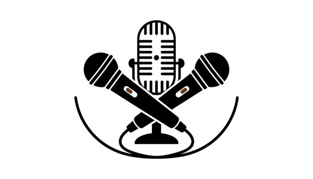 Vintage Retro Microphone and Crossed Handheld Mics Emblem Vector Graphic for Podcasts Radio Broadcasts Live Music Standup Comedy and Sound Recording Studio Logos
