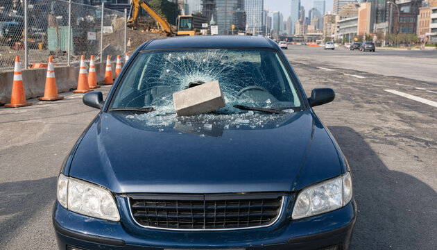 Dark blue car with a heavy concrete block smashed through the shattered windshield on a city street