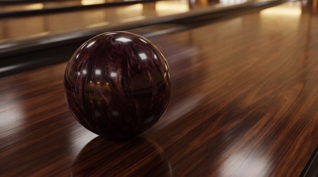 Close up of a dark red bowling ball on a polished wooden lane