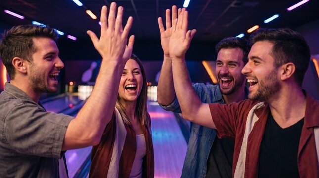 Friends celebrating with a high-five at a bowling alley.