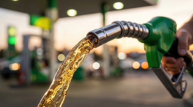 A stream of renewable corn or sugarcane ethanol being dispensed into a vehicle.