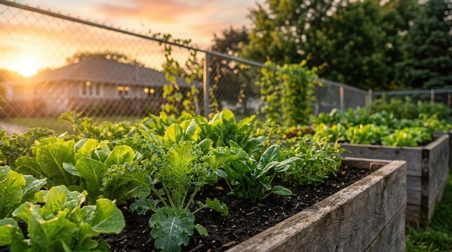 Rows of raised garden beds under the evening sun near a chain link fence.