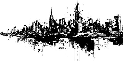 Obraz premium Grunge city skyline silhouette panorama with water reflection abstract urban architecture drawing template vector illustration.