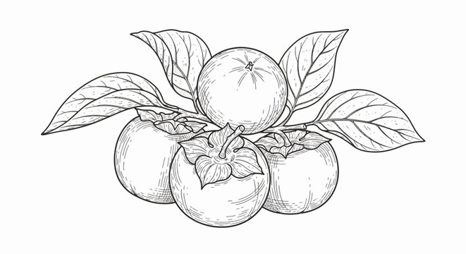 Detailed botanical line art illustration of a persimmon branch featuring four whole fruits and textured leaves, rendered in a classic black and white engraving style on a white background.