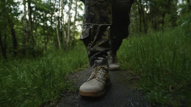 Legs of a camouflaged soldier in the middle of a footpath in a dark forest on a recon mission. Walking and aiming a AR-15 carbine rifle with a red laser collimator and a magnifier