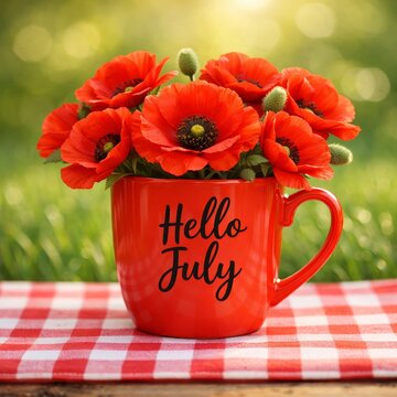 Red mug with red poppy flowers and text &ldquo;Hello July&rdquo; on checkered cloth outdoors, summer greeting concept, seasonal floral composition. Typography, postcards, and calendars.