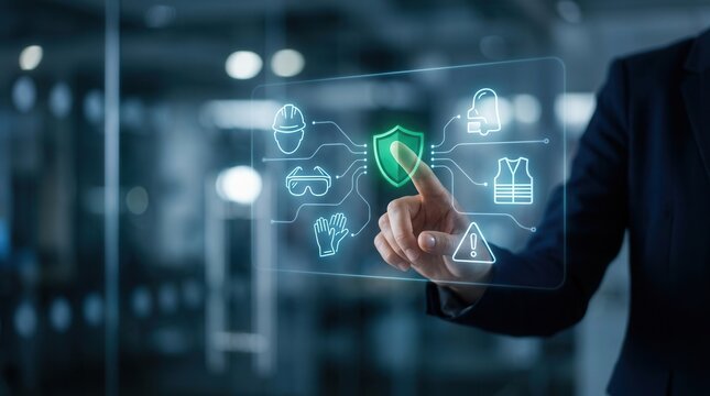 Enhancing workplace safety and hazard prevention through a virtual interface and PPE icons.