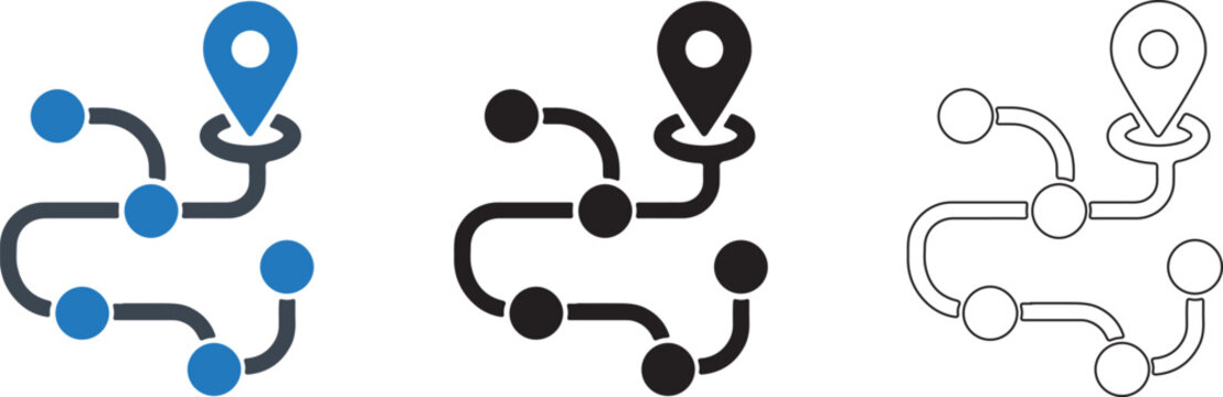 3 Icon Concepts Colour Icon, Solid Icon and Line Art Team Location Route Icon Set with Connected Nodes Navigation Path Map Pin Workflow Network and Destination Tracking Transparent PNG Vector EPS