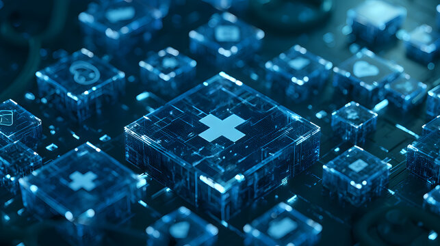A futuristic blue medical technology background with a digital science network, innovative medicine concept, and a 3D render design