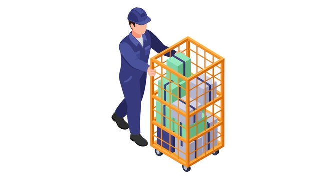 Worker pushing cart with stacked boxes in warehouse.
