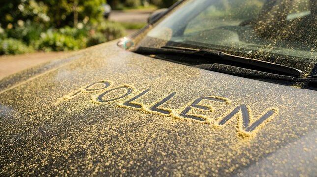 Springtime pollen dust covering a dark car hood with the word pollen written in the dirt.