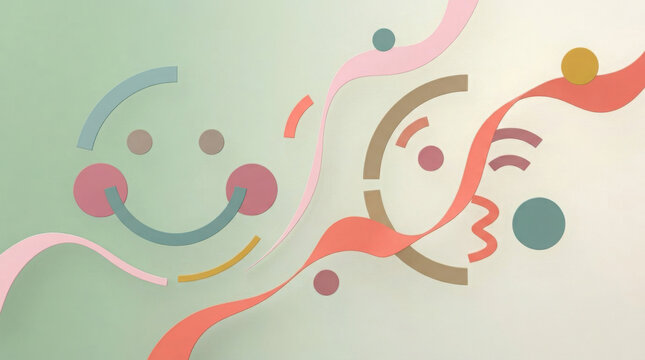 Abstract composition of minimalist smiling faces and wavy lines in pastel colors generated using ai