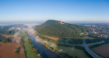 Aerial morning view of Emperor William Monument in Porta Westfalica © Iurii