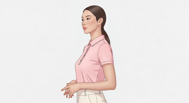 Woman in profile wearing pink polo shirt isolated on white background