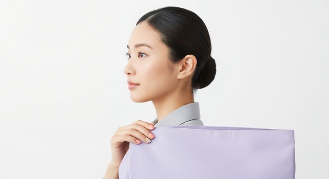 Woman in profile holding a light purple object with a soft focused background