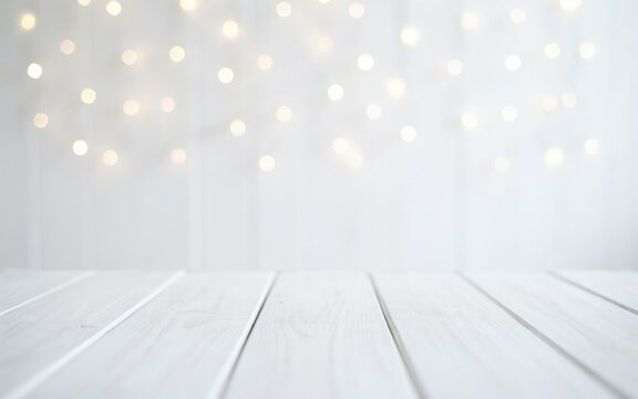 White wooden table surface with blurred warm fairy light bokeh background