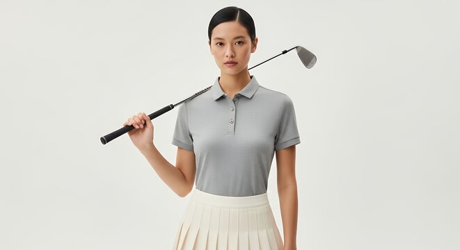 Woman in sportswear holding golf club on shoulder against a white background