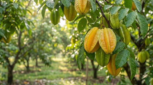 Fresh ripe starfruits hanging on tree branches in orchard