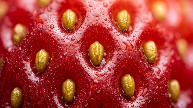 Extreme Macro Closeup of Fresh Red Strawberry Texture with Golden Seeds and Water Droplets