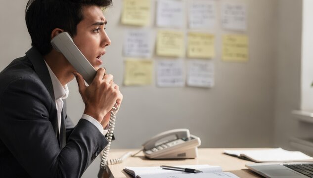 Phone interview practice with a candidate speaking into the handset the microphone and notes pinned on the wall blurred behind.