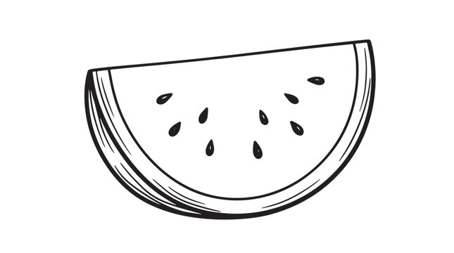 Hand drawn watermelon slice vector illustration, black and white fruit sketch with seeds, minimalist summer food icon for coloring or logo design isolated on White Background