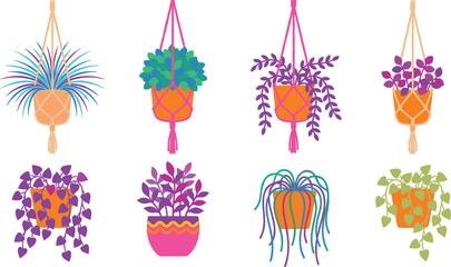 Obraz premium Hanging macrame planters and decorative potted indoor plants vector illustration set in vibrant neon colors